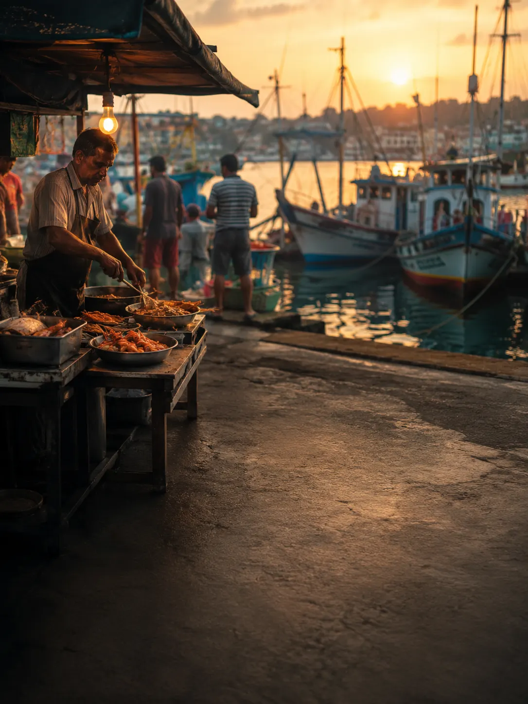 A cook grilling seafood at a harbour stall at sunset, fishing boats moored along the quay behind.